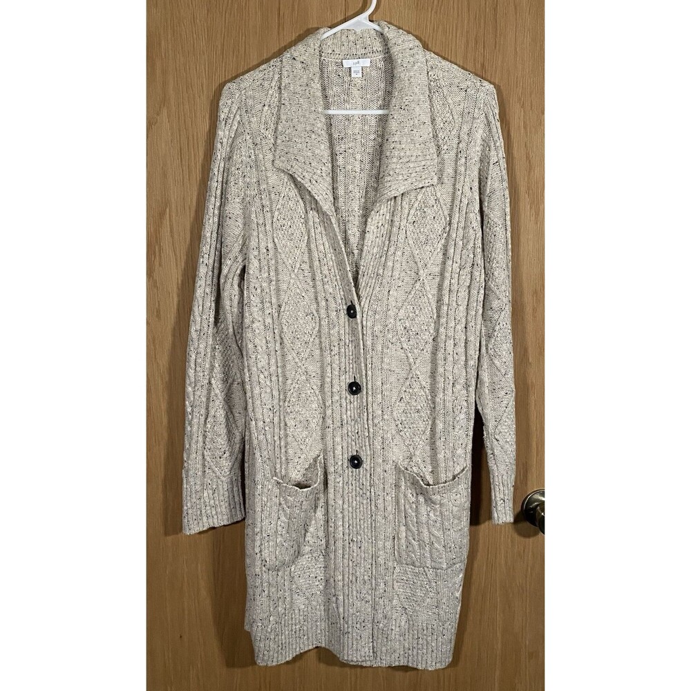 J.Jill Women's M Cable Knit Cardigan Sweater Oatmeal Button Up Pockets Granny